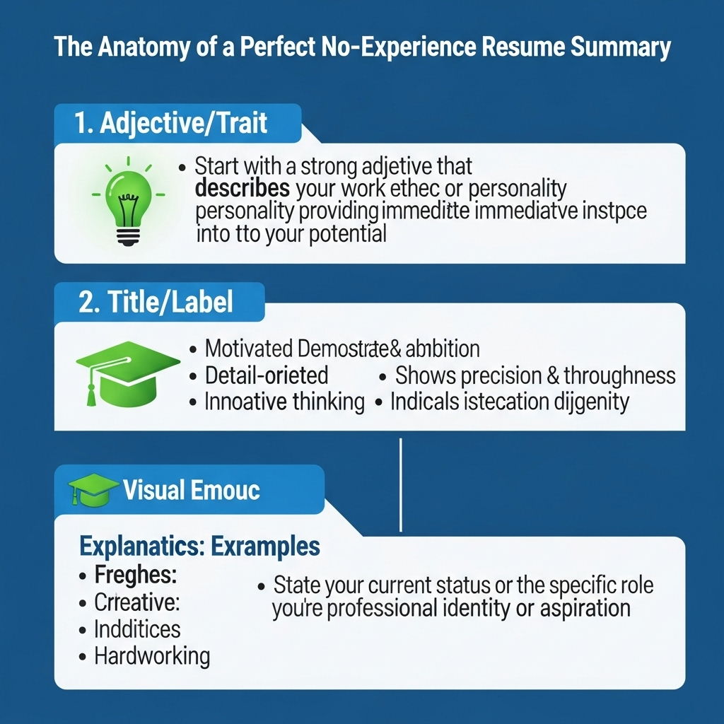 Infographic breaking down the four key parts of a summary for a resume with no experience, with examples for each section